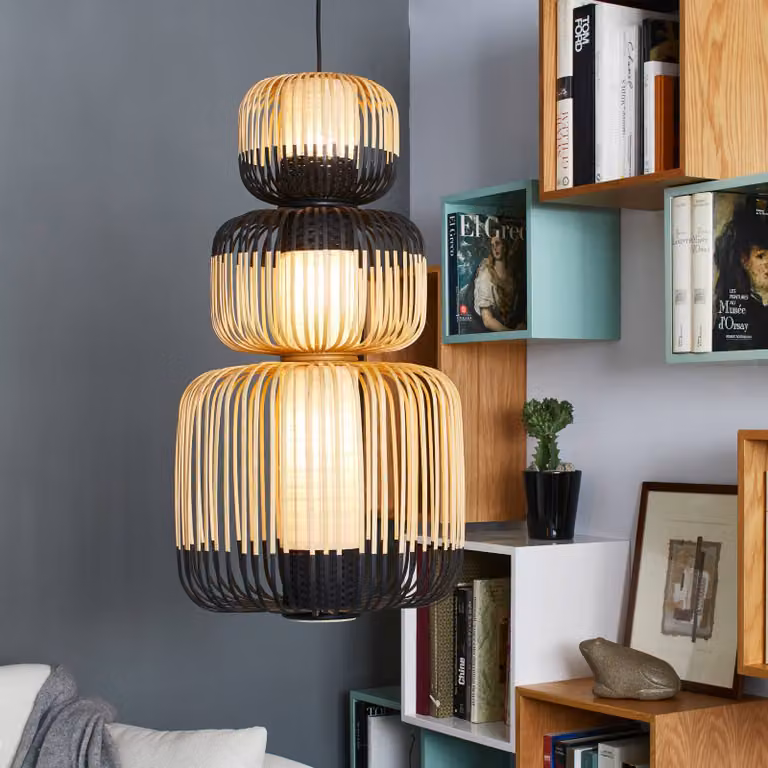 Forestier Lampada a sospensione Bamboo, dimmerabile, Nero, Soggiorno / Sala da pranzo, bambù, Design, Lampada a sospensione