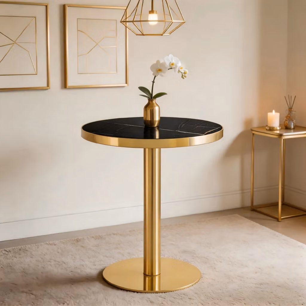 Tavolino rotondo moderno REDOM in MDF e metallo nero e oro L: 73,5 cm, P: 71 cm, H: 24 cm – 2