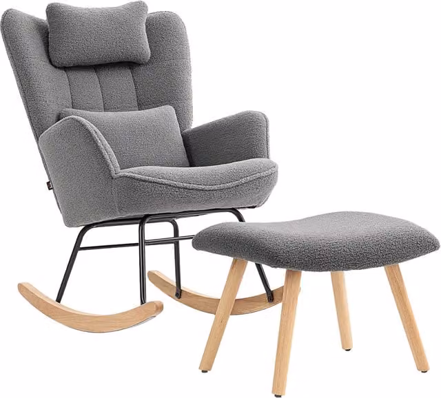 Poltrona dondolo con poggiapiedi ¨C Xylo ¨C tessuto grigio scuro gambe legno