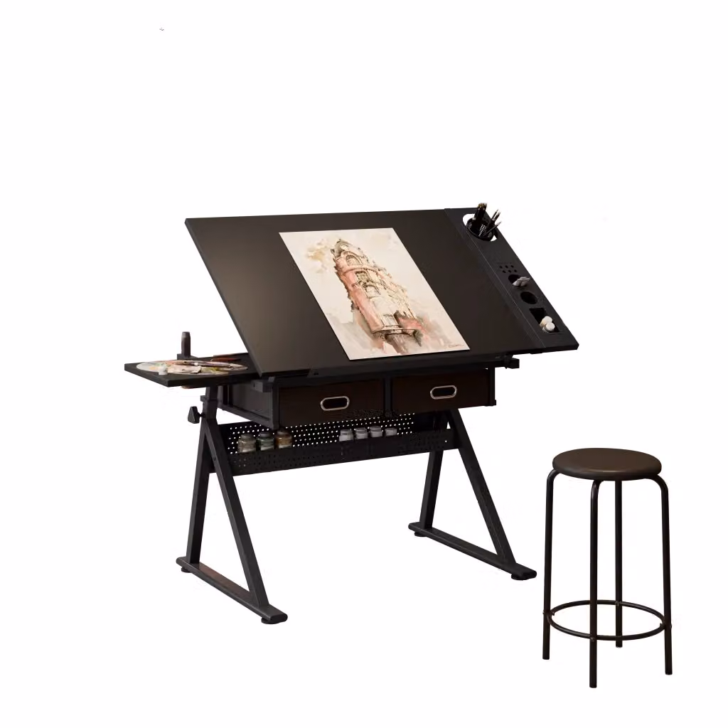 Scrivania Mivray regolabile in altezza con piano inclinabile e due cassetti, nera in MDF e metallo, H: 69-91 cm – 2