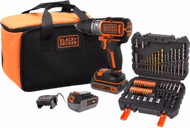 Avvitatore a percussione a batteria BLACK+DECKER 18 V, 2 batterie (2,5 Ah e 4 Ah), 50 accessori, senza spazzole, mandrino da 13 mm, BL188ME2SA-QW