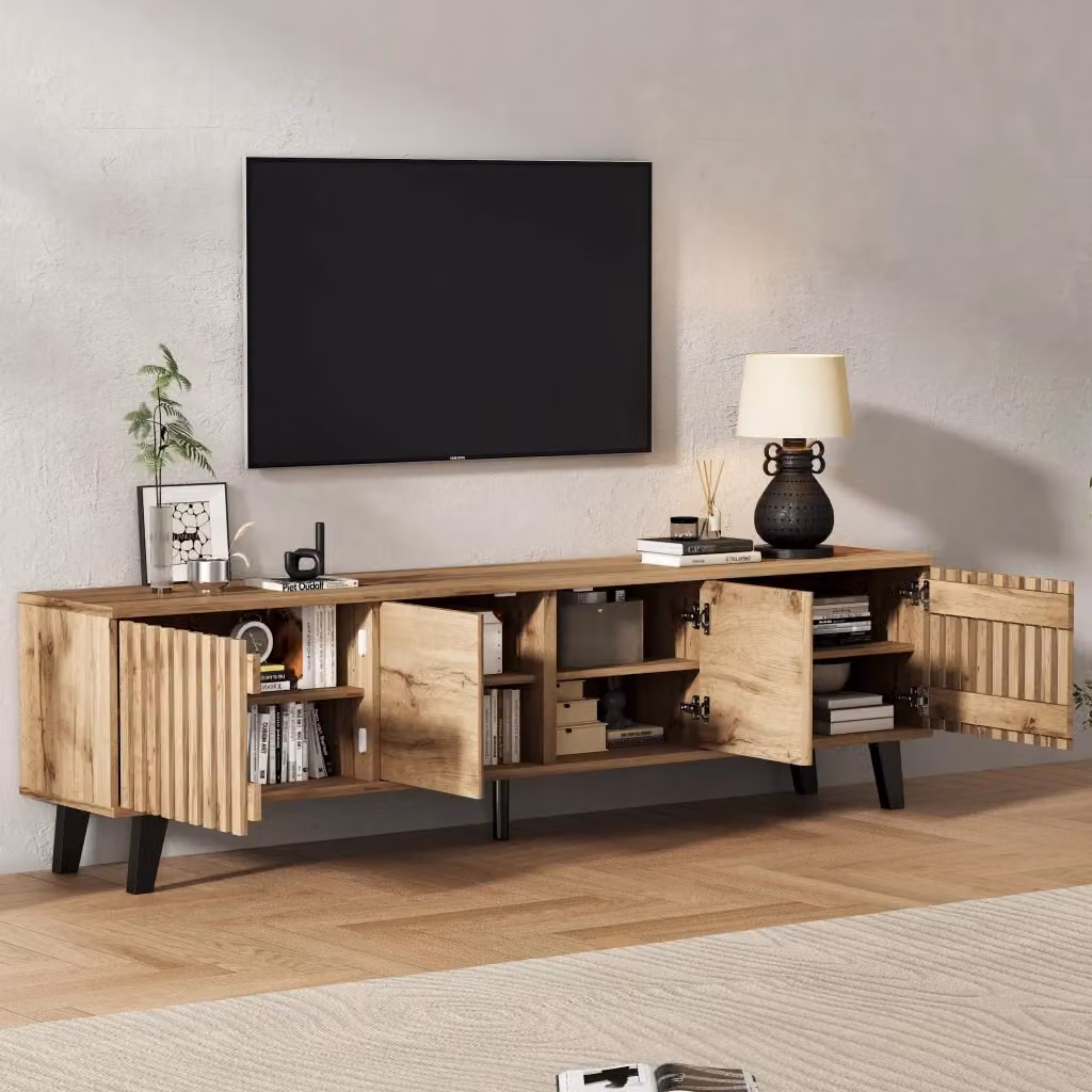 Mobile TV Mivray moderno color legno naturale con 4 ante e 8 vani per televisori fino a 70 pollici L/P/H: 180 x 40 x 55 cm – 2
