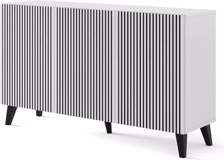 Cassettiera RAVENNA P 150 cm 3D BIANCO OPACO / NERO OPACO con frontali fresati MDF credenza alta armadio buffet GAMBE NERE