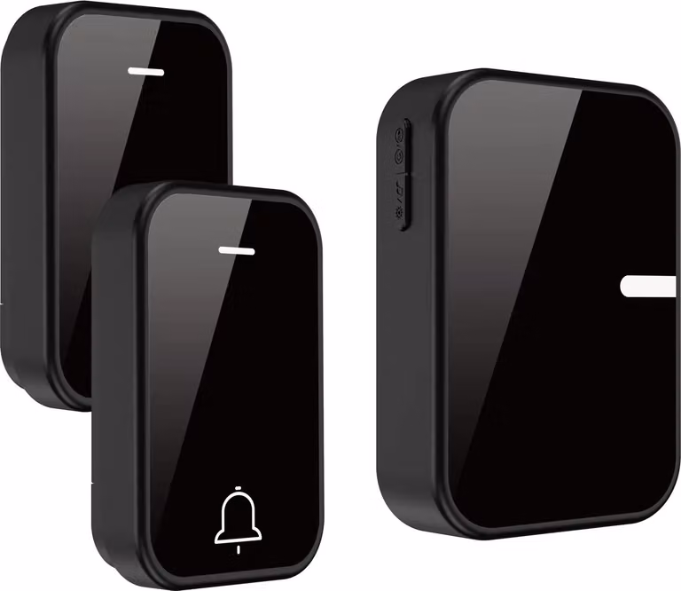 Set campanello wireless ZELURXX senza batteria, modalità di apprendimento, 38 melodie, 0-105 dB, impermeabile IP68, portata 180 m, nero, due trasmettitori, un ricevitore