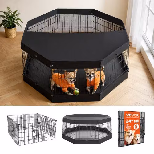 VEVOR Box per Cani Pieghevole in Metallo con 8 Pannelli, Copertura Superiore e Base Imbottita, Colore Nero
