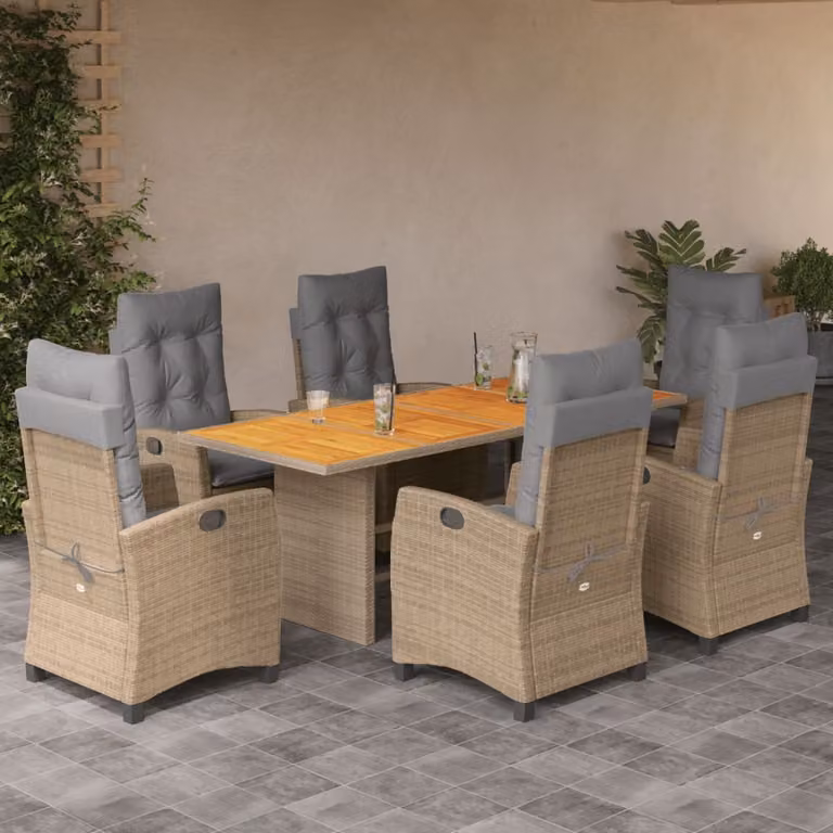 Set Pranzo da Giardino vidaXL in Polyrattan e Legno di Acacia con 7 Cuscini Beige e Grigio