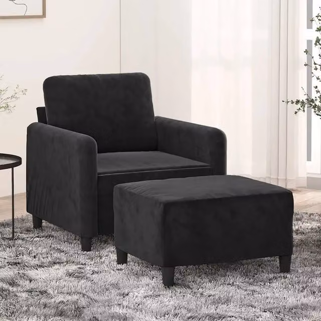 Poltrona Lounge in Velluto Nero con Poggiapiedi Design Moderno 586346