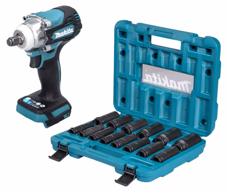 Avvitatore a impulsi a batteria Makita DTW 300 Z 18 V 330 Nm 1/2" brushless + set di chiavi a bussola 14 pezzi - senza batteria, senza caricabatterie