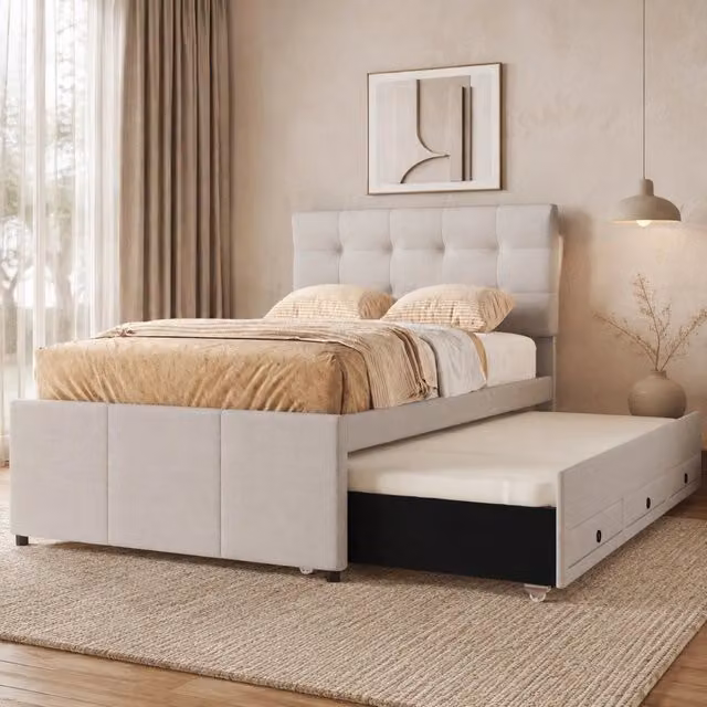 Desviae Letto Singolo 90 × 200 cm con 3 cassetti, letto estraibile, testiera regolabile, senza materasso, beige
