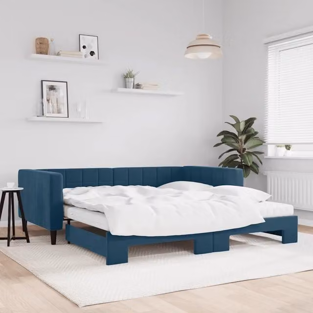 Divano Letto Estraibile vidaXL in Velluto Blu con Cassetto con Funzione Letto L/P/H: 223 x 110 x 68 cm, Materasso 100 x 200 cm – 1