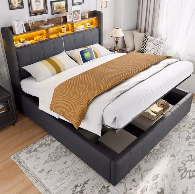 Letto imbottito 160 x 200 cm con contenitore idraulico; LED; USB e Type-C; grigio
