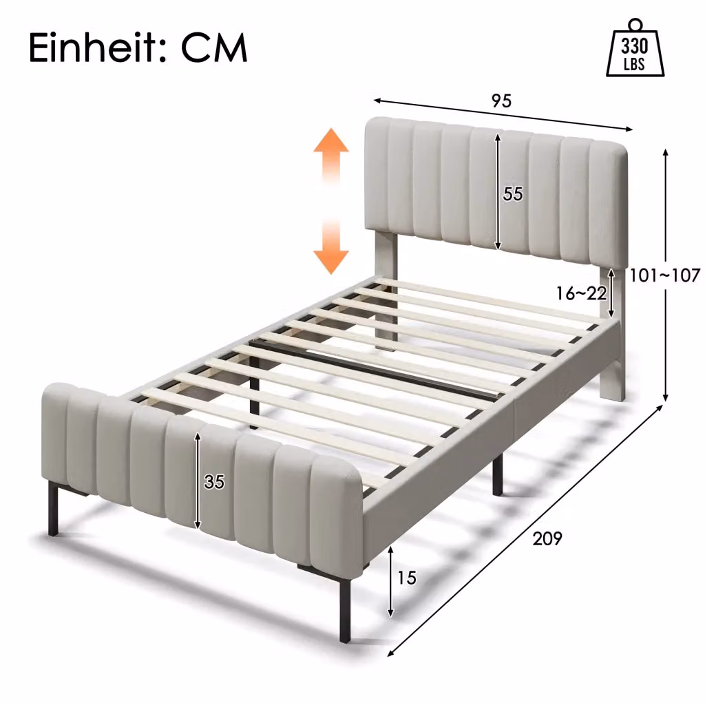 Letto imbottito moderno CIPACHO in lino grigio e beige con struttura in legno e metallo L/P/H: 90 x 200 cm – 2
