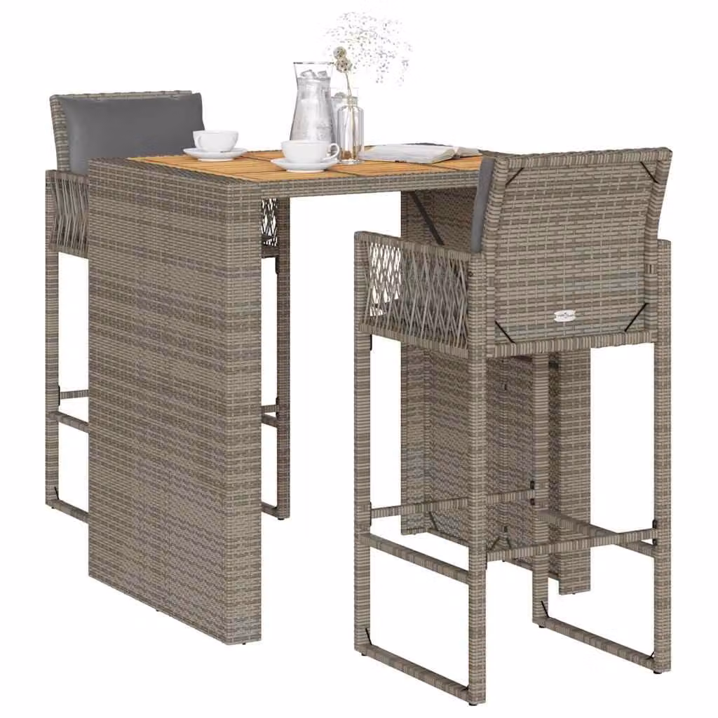 Set Bar da Giardino vidaXL in Polyrattan e Legno di Acacia Grigio con 3 Pezzi e Cuscini