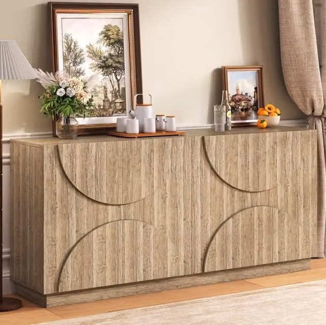 Sideboard in legno con ripiani e ante sospese, 160x40x80 cm, design naturale e minimalista