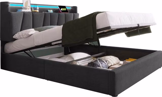 Letto matrimoniale imbottito 140x190 cm con contenitore; LED e prese USB; grigio