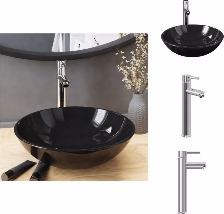 vidaXL Lavandino da bagno con rubinetto e scarico in vetro temperato nero - Lavandino da bagno