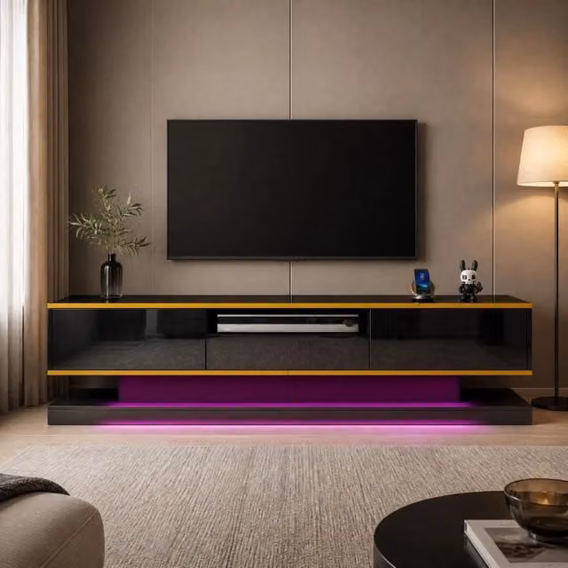 Mobile TV moderno MODFU con illuminazione LED integrata, finitura lucida, nero e oro, L: 180 cm, P: 38 cm, H: 45 cm