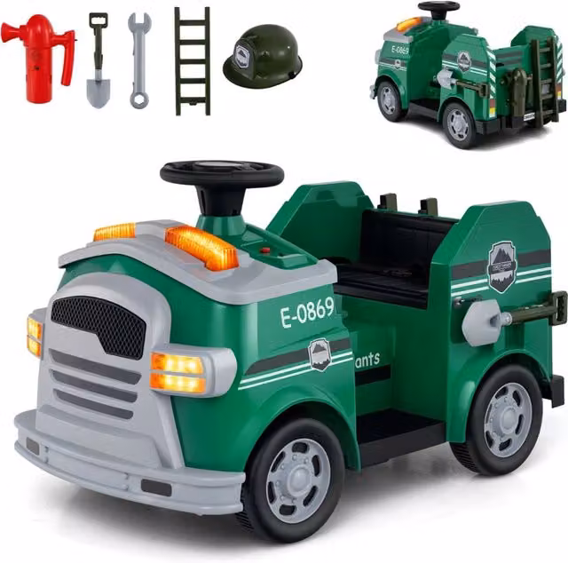 Auto elettrica per bambini 12V camion dei pompieri, 4 ruote antiscivolo con pala estintore scala casco di sicurezza Verde-Macchinine giocattoli