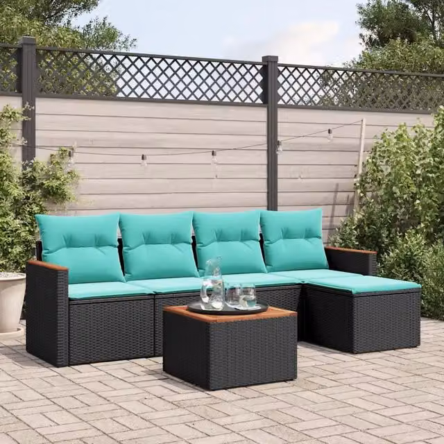 Set di Divani da Giardino a L con Cuscini vidaXL, 6 Pezzi in Polyrattan Nero con Tavolino e Ottoman, Resistente ai Raggi UV – 1