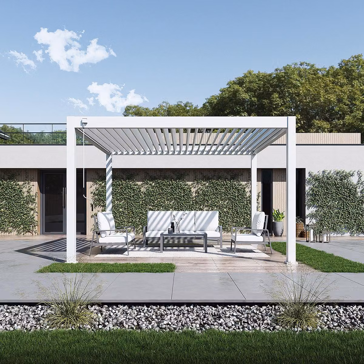 Pergola Weide Deluxe Plus interamente in alluminio 4x4 m con tetto a lamelle, indipendente, bianca