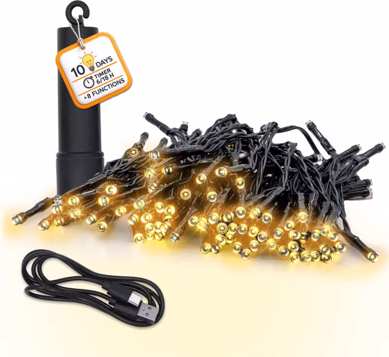 Fata a batteria ricaricabile via USB fino a 10 giorni di durata della luce con timer - 200 LED su 15 m - luce decorativa per esterni bianco caldo con 8 funzioni