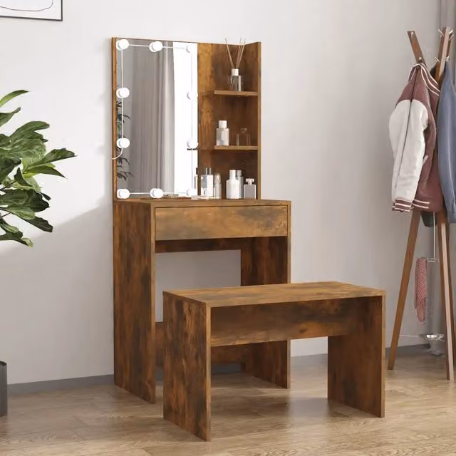 Set Tavolo da Toeletta con LED vidaXL in Legno Rovere Colore Marrone L: 140 cm, P: 40 cm, H: 60 cm