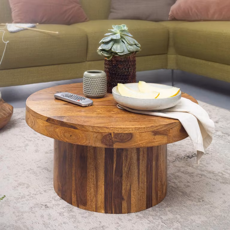 FineBuy tavolino in legno massiccio di sheesham rotondo Ø 60 cm, altezza 30 cm - robusto tavolino da salotto dal design moderno a tamburo con base a colonna, fatto a mano