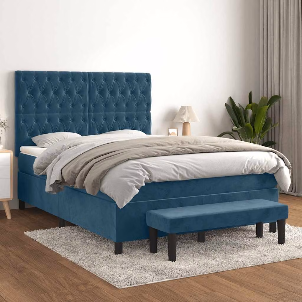vidaXL Giroletto a Molle con Materasso Ibrido in Velluto Blu Scuro L/P/H: 190 x 140 x 4 cm – 1