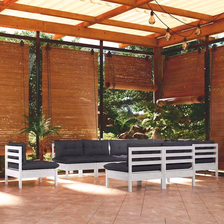 Set di divani da giardino vidaXL in legno di pino con cuscini bianchi e antracite, composizione a L con elementi angolari e divani a 3 posti per 10 persone