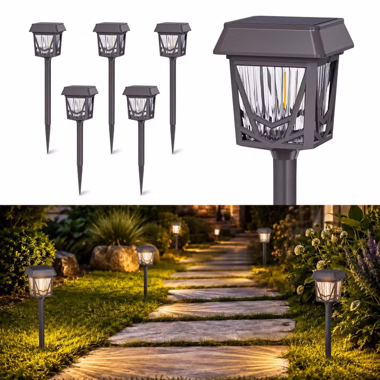 Set di 6 luci solari, con connettore USB-C, batteria da 1500 mAh, autonomia di 12 ore, luce bianco caldo, grado di protezione IPX6