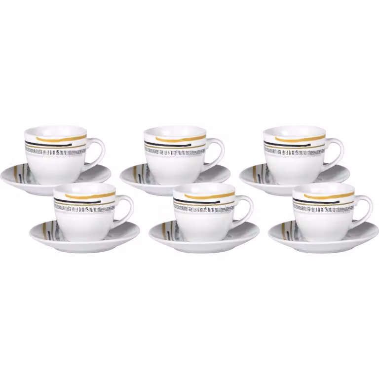 Servizio da caffè Antalya GUSTO CASA in porcellana bianca con decoro a righe, composto da 6 tazzine con piattini, lavabile in lavastoviglie e utilizzabile in microonde
