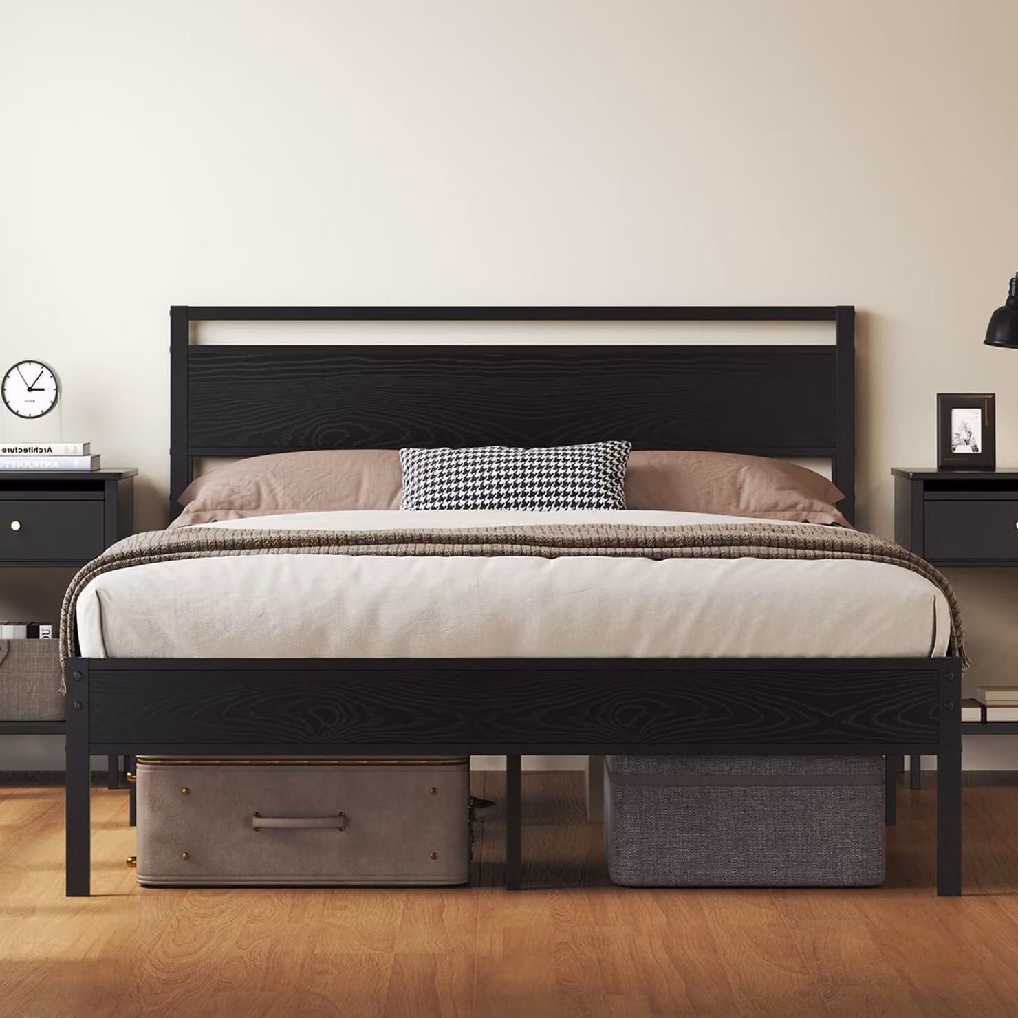 Letto 140x200 cm con rete a doghe, contenitore, struttura in metallo, colore nero