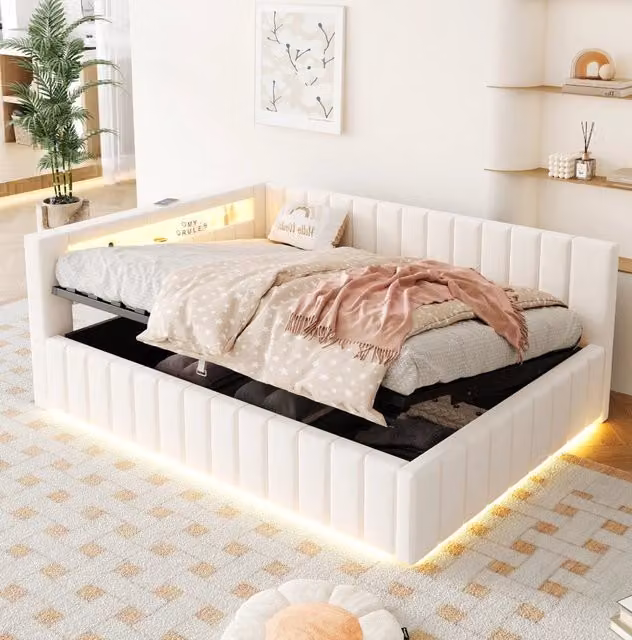 Letto matrimoniale imbottito 140x200 cm con vano idraulico; LED e USB; velluto beige