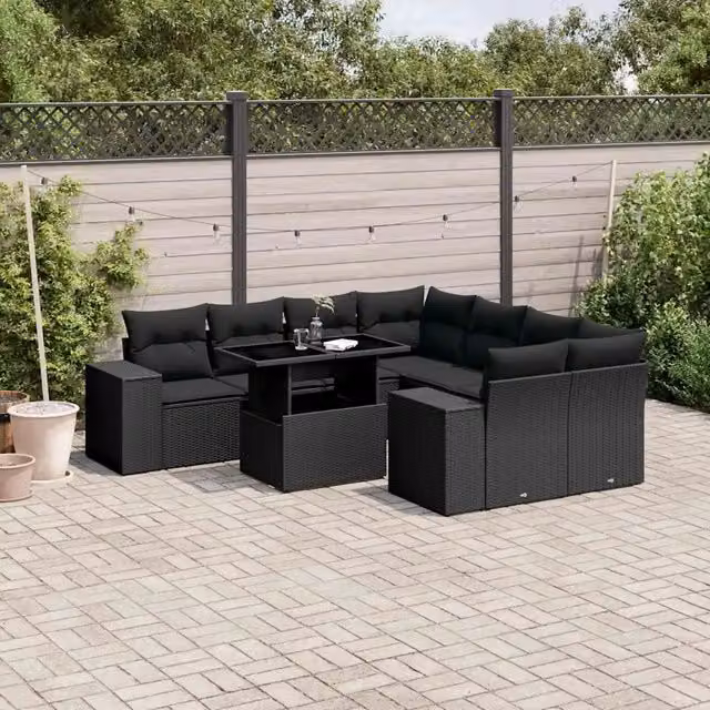 Set Divani da Giardino 9 pz con Cuscini Nero in Polyrattan 3269055
