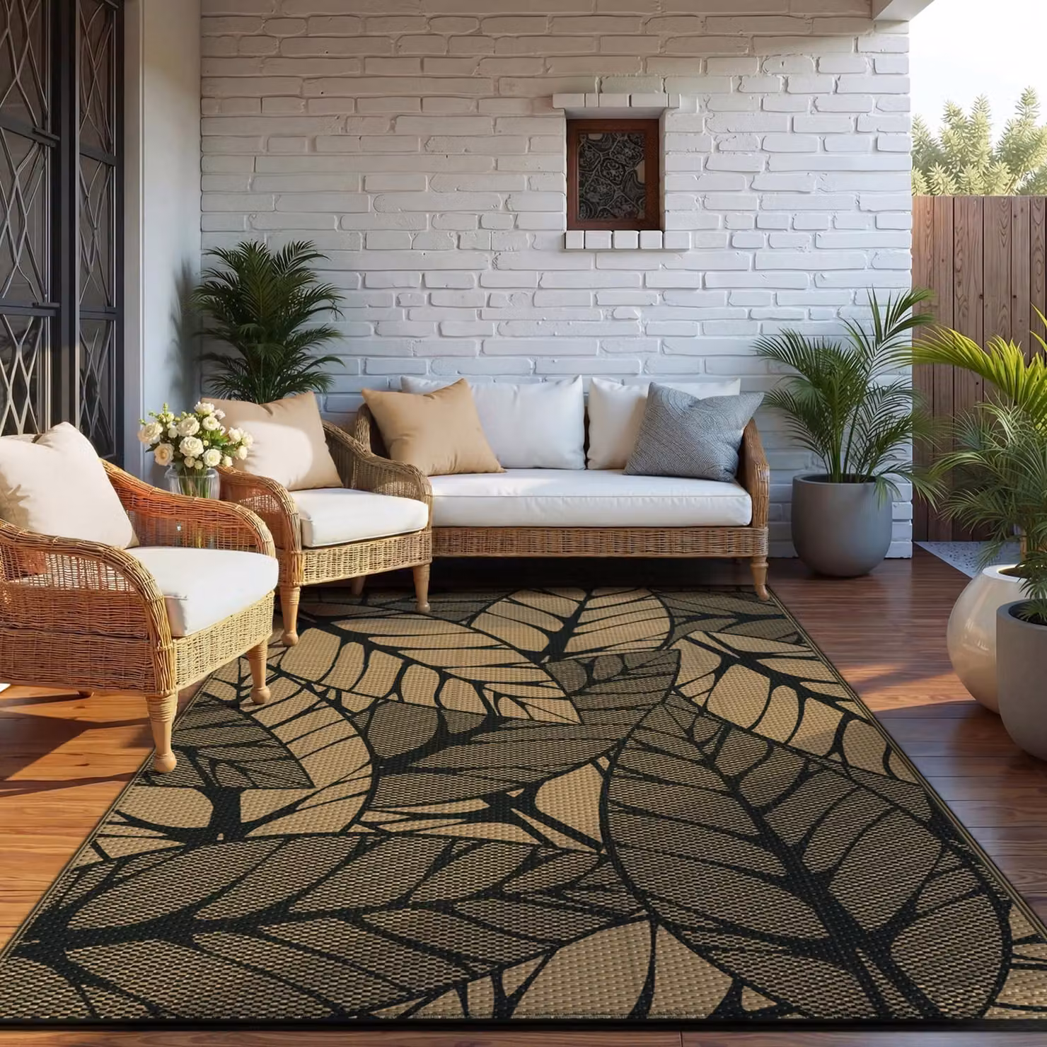 Tappeto da esterno resistente alle intemperie, dimensioni 180 x 270 cm, con motivo a foglie botaniche