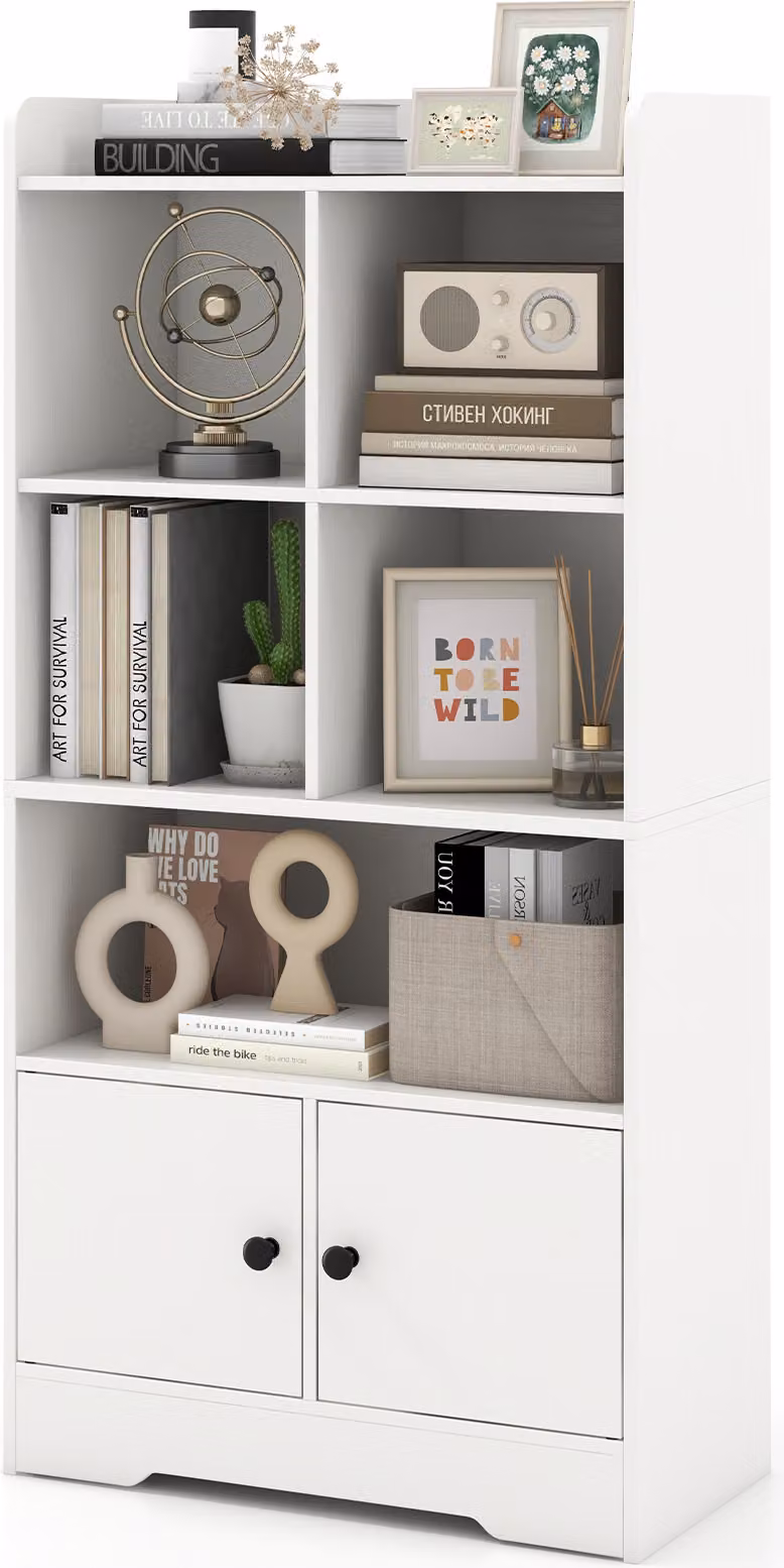 Scaffale multiuso COSTWAY con ante, piccola libreria con 5 ripiani e 2 armadi, vetrina indipendente bianca