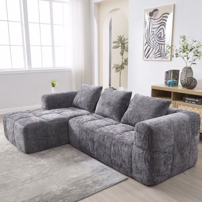 MODFU L-Sofa, divano modulare, divano moderno, divano ad angolo, divano in velluto con braccioli e tre cuscini, divano da soggiorno, tasca laterale per il telecomando, grigio