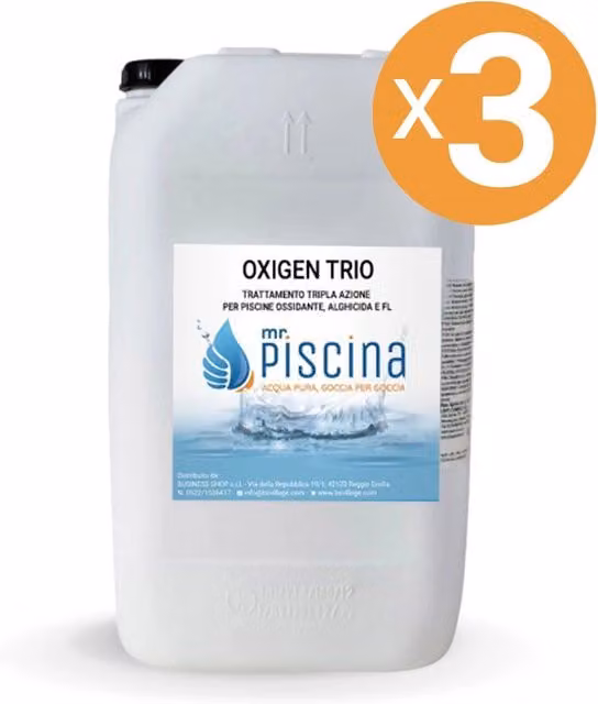Ossigeno liquido Mrpiscina OXIGEN TRIO tripla azione ossidante, alghicida e flocculante, confezione da 3 unità