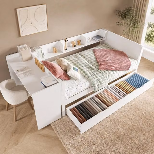 Letto singolo in legno 90x200 cm con scrivania, doppio cassetto e mensole, bianco