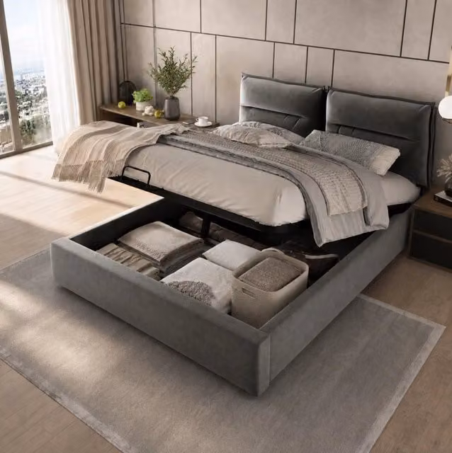 Letto matrimoniale MODFU imbottito con contenitore in velluto grigio L/P: 140 x 200 cm