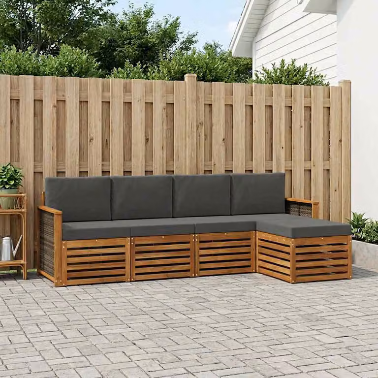 Set di divani da esterno vidaXL a forma di L in legno di acacia con pouf e cuscini, colore Antracite e Marrone