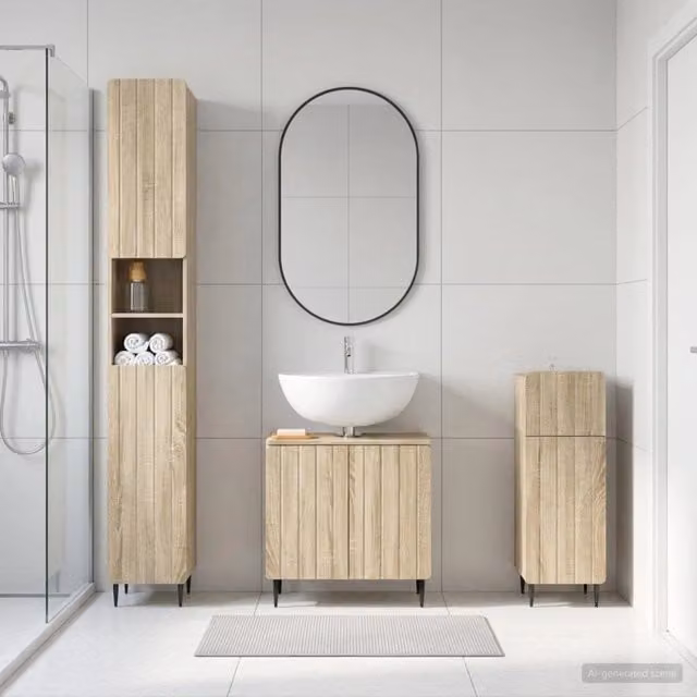 Set di mobili da bagno moderni vidaXL in 3 pezzi marrone con armadio alto, mobile sottolavabo e mobile laterale con ripiani interni e ante a battente