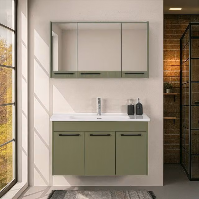 Mobile bagno sospeso INBAGNO Sofia verde effetto legno con armadietto a specchio L: 100 cm, P: 45 cm, H: 55 cm