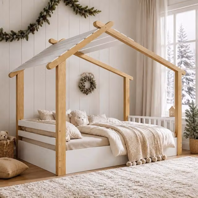 Letto singolo per bambini a forma di casetta con rete a doghe; 90x190 cm; bianco e naturale
