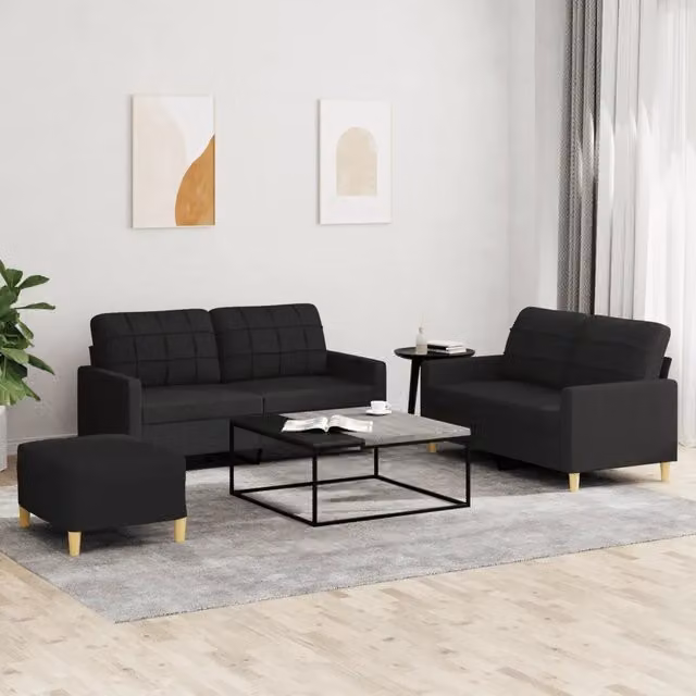 Set di divani moderno vidaXL in tessuto nero con pouf e cuscini per soggiorno