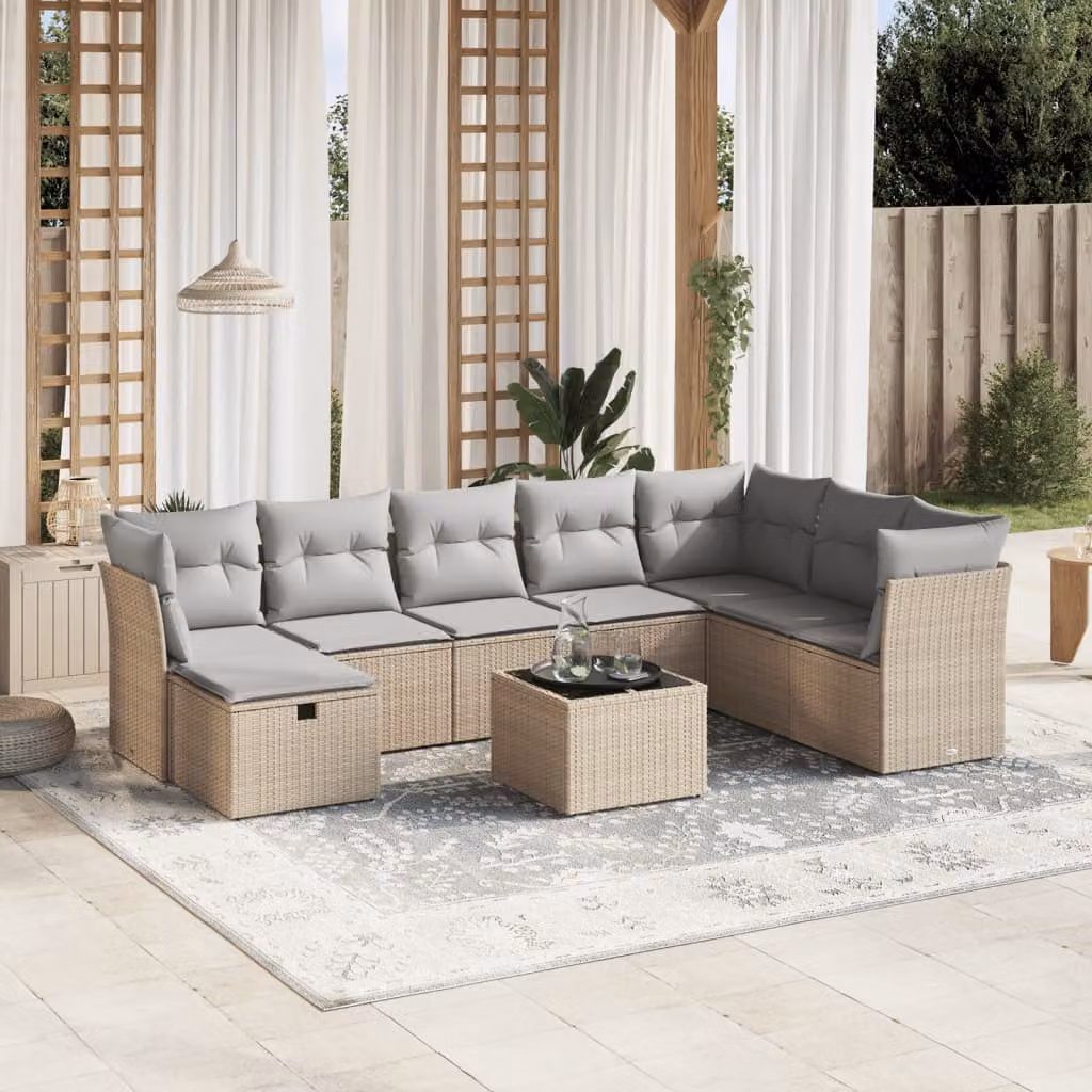 vidaXL Set Divano da Giardino 9 pz Moderno in Polyrattan con Cuscini Beige e Grigio e Tavolino da Esterno