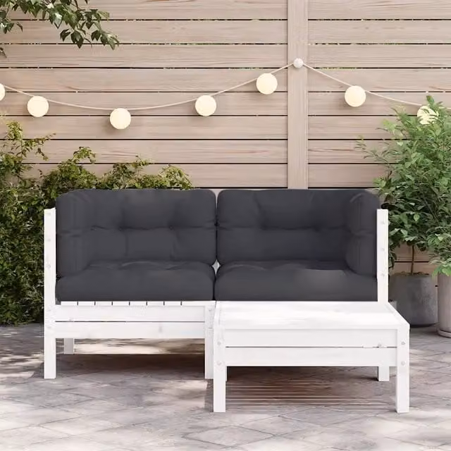Set Divani da Giardino 3 pz con Cuscini-Sofa da giardino Bianco in Massello Pino
