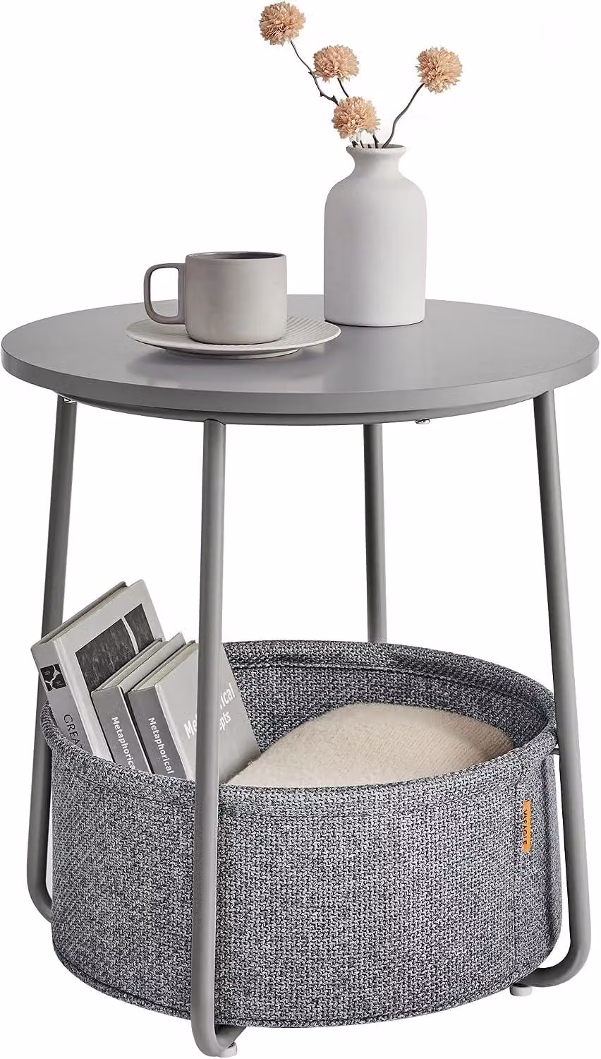 Tavolino rotondo con cesto portaoggetti - Tavolino da salotto piccolo - Diametro 45 cm - Altezza 50 cm - Grigio
