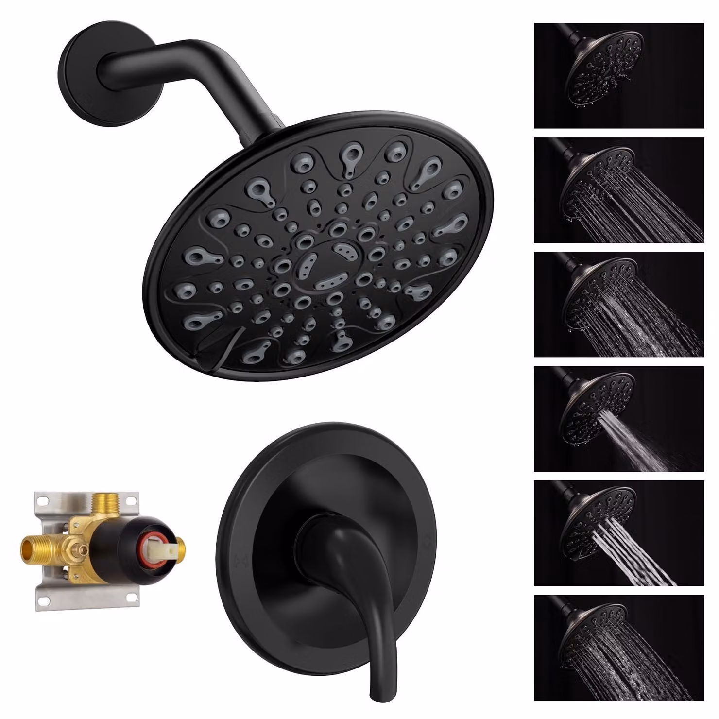 Set di rubinetteria per doccia con valvola, 6 getti con tecnologia Touch-Clean, miscelatore monocomando, finitura nero opaco, per bagno