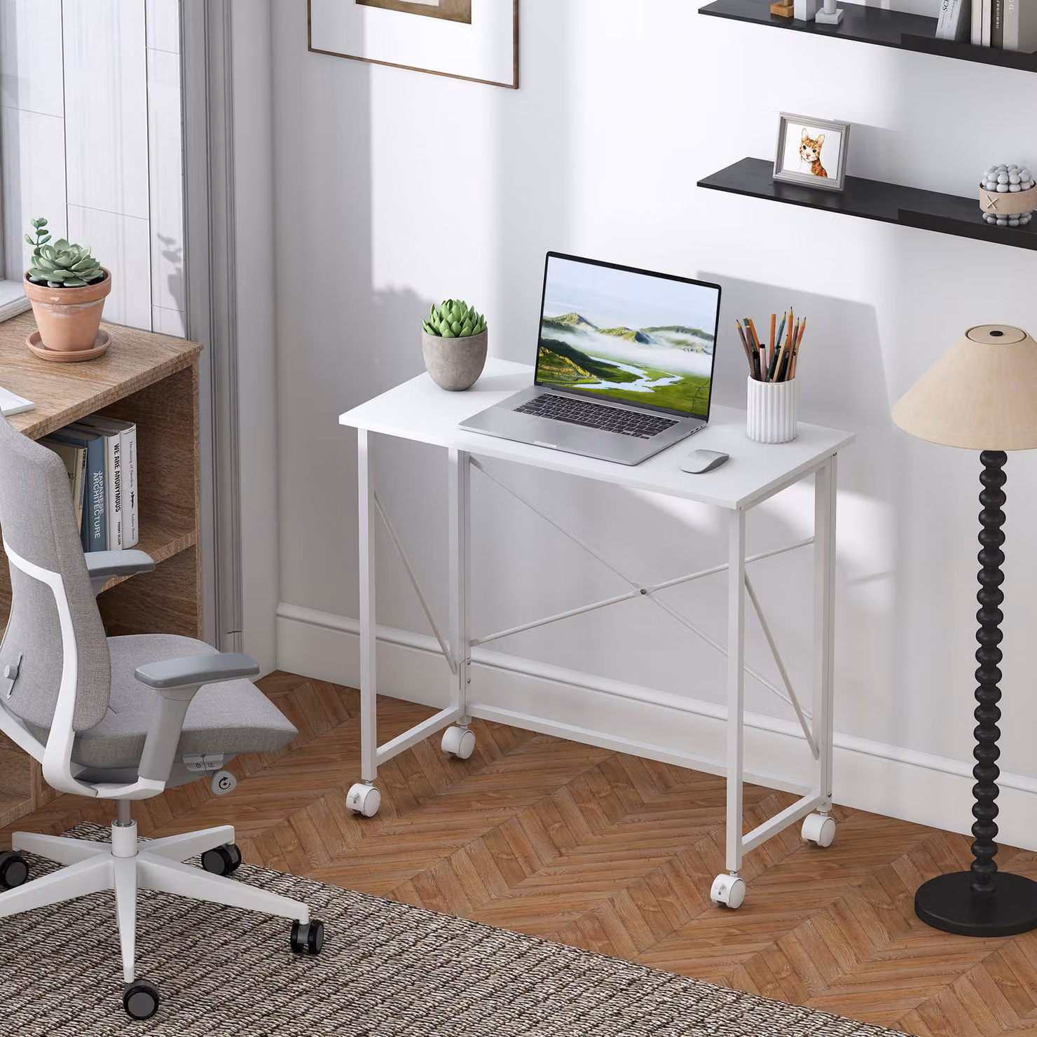Scrivania Salvaspazio Pieghevole HOMCOM con Ruote, Bianca, L 80 x P 40 x H 75 cm – 2